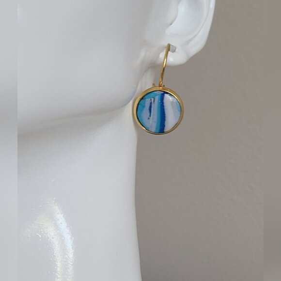 Hand Crafted Boho Gold Blue White Gemstone Marble Circle Drop Dangle Earrings - Picture 14 of 14